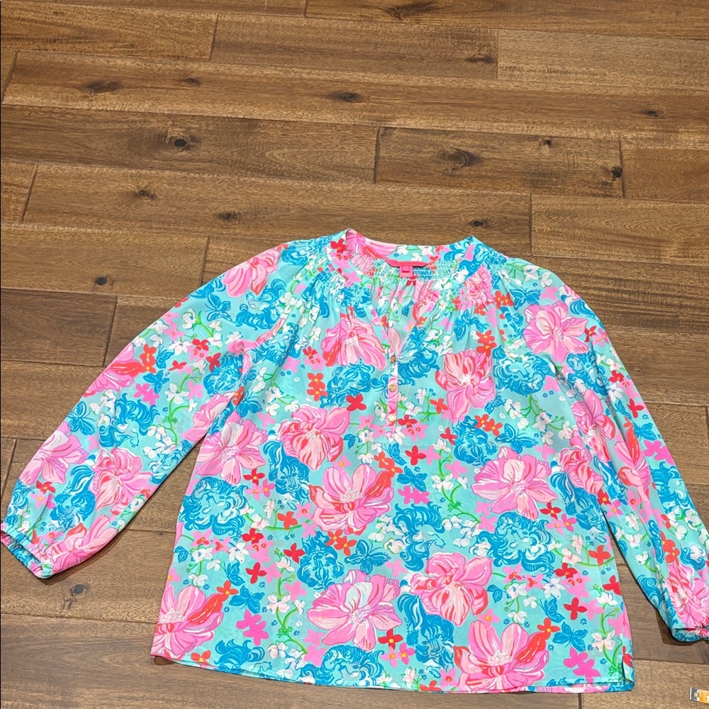 Lilly Pulitzer Floral Peasant Blouse in Pink, Blue, Aqua